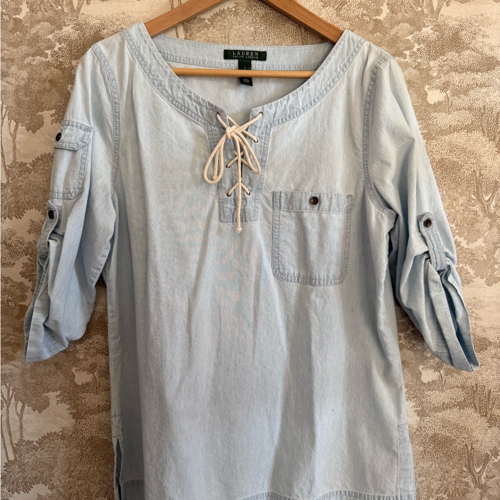 Ralph Lauren Light Blue Lace-Up 100% Cotton Shirt